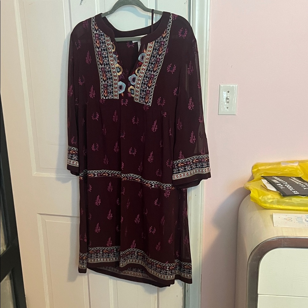 Sundance Plum Embroidered Long-Sleeve Boho Dress